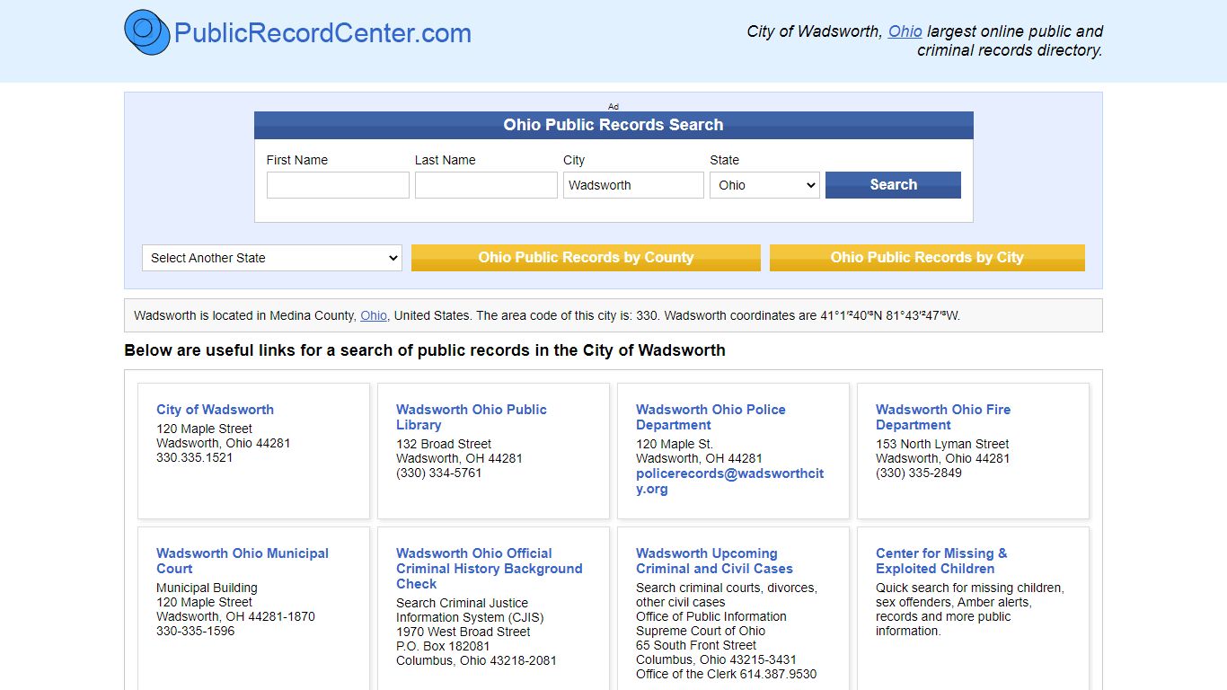 Wadsworth, Ohio Public Records and Criminal Background Check
